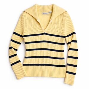Liz Claiborne Ribbed Knit Sweater Women M Yellow Navy Stripe V-Neck Collared Y2K